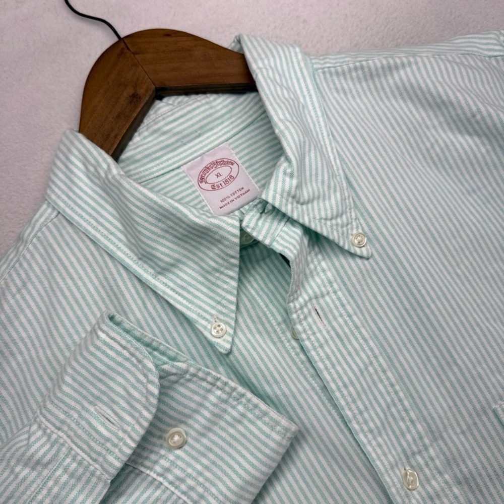Brooks Brothers Oxford Shirt Men's XL Blue Teal White Striped Thick OCBD Vintage